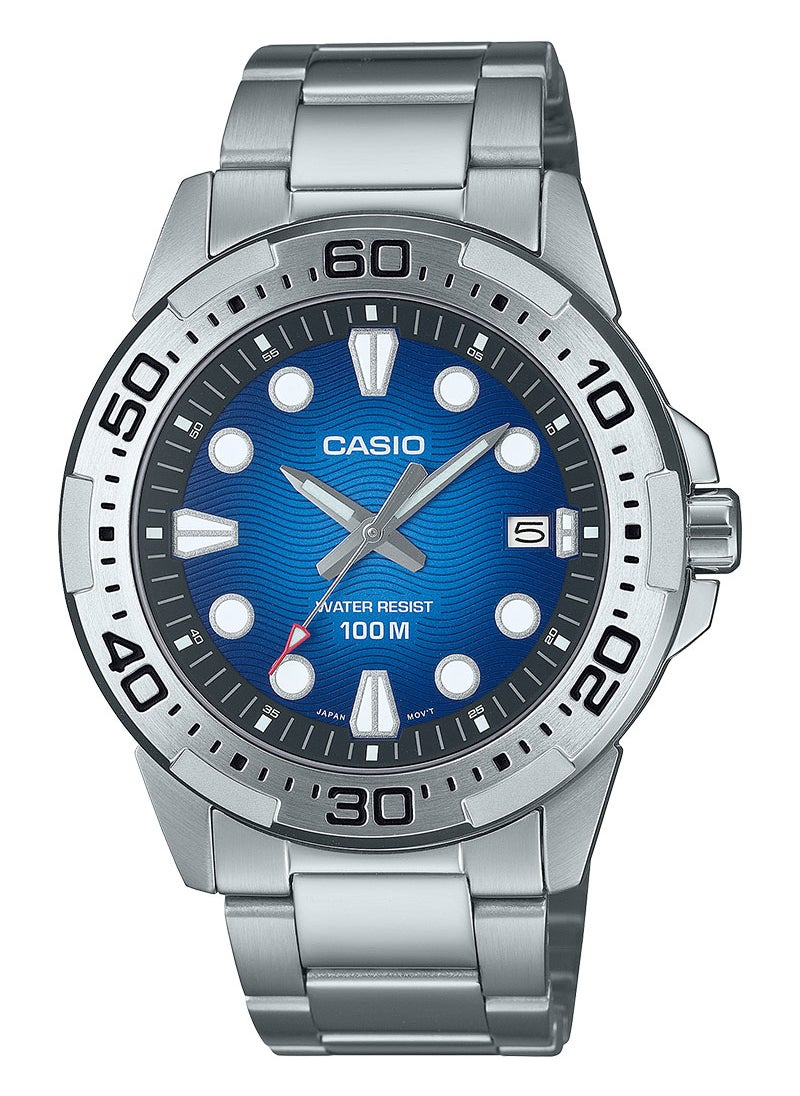 CASIO Casio MTD-140D-2A Men's Analog Diver-Style Watch – Stainless Steel Band, Blue Dial, 100M Water Resistant, Date Display 
