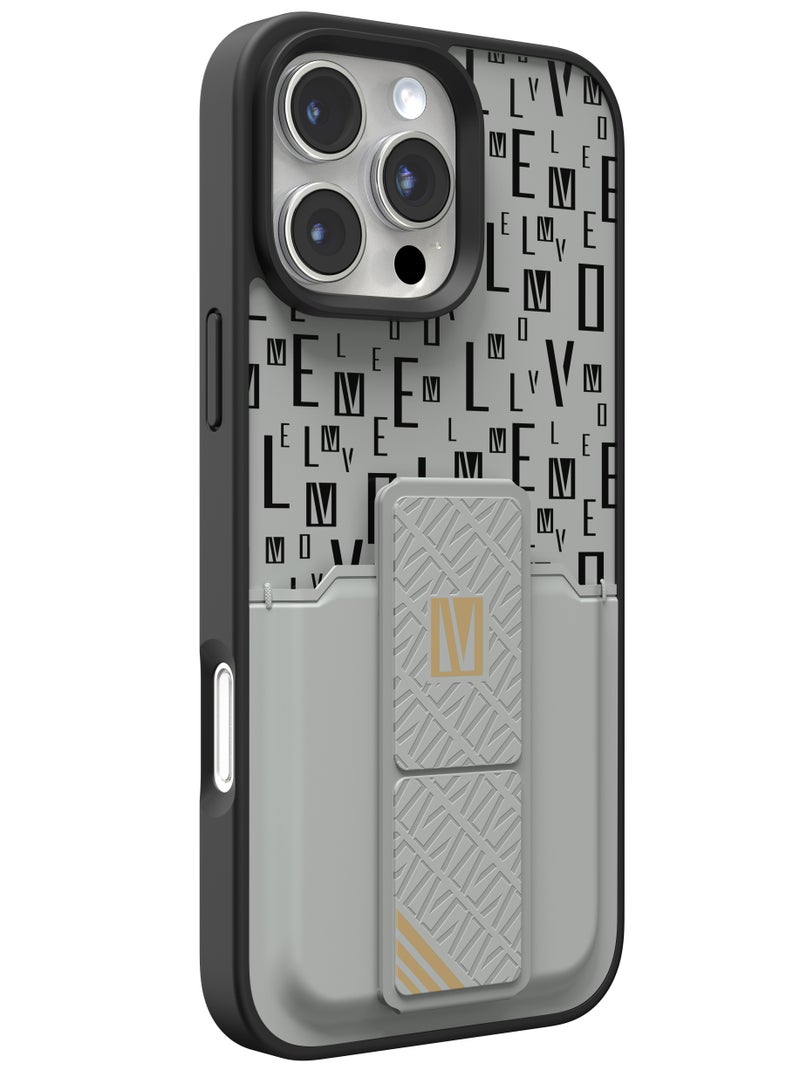 LEVELO iPhone 16 Pro Max Morphix Case with Built-in Grip and Card Holder / Impact Resistant Back Cover / Raised Camera Edge / Slim Cover - Grey  - Image 1