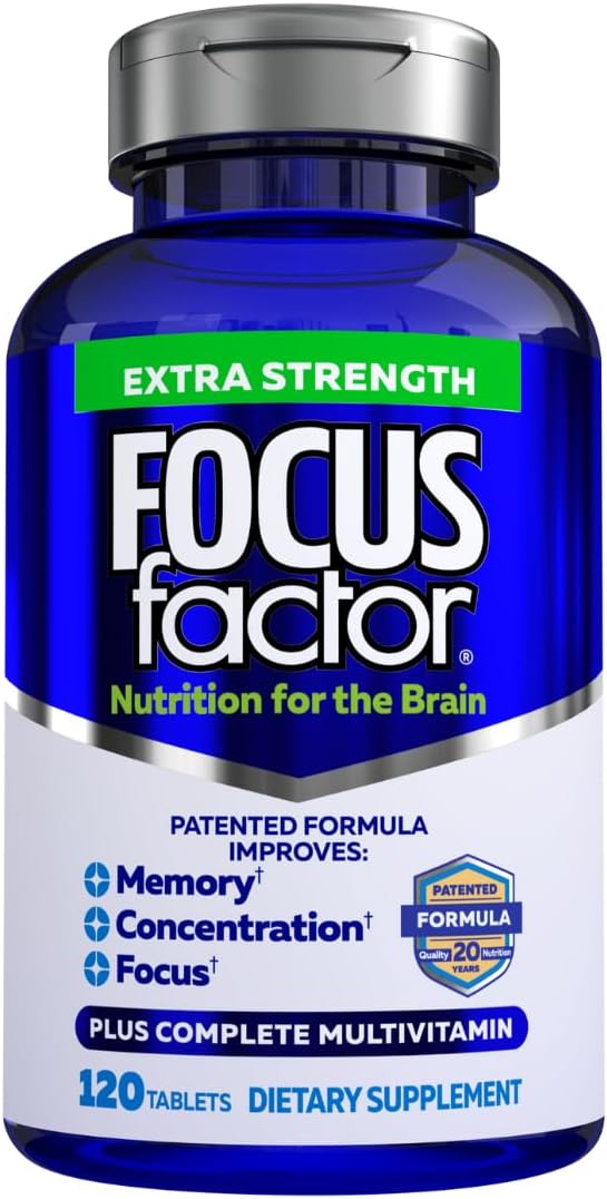 Focus Factor Adults Extra Strength 120 Count  Brain Supplement for Memory Concentration and Focus  Complete Multivitamin with DMAE Vitamin D DHA  Trusted Health Vitamins - Image 1