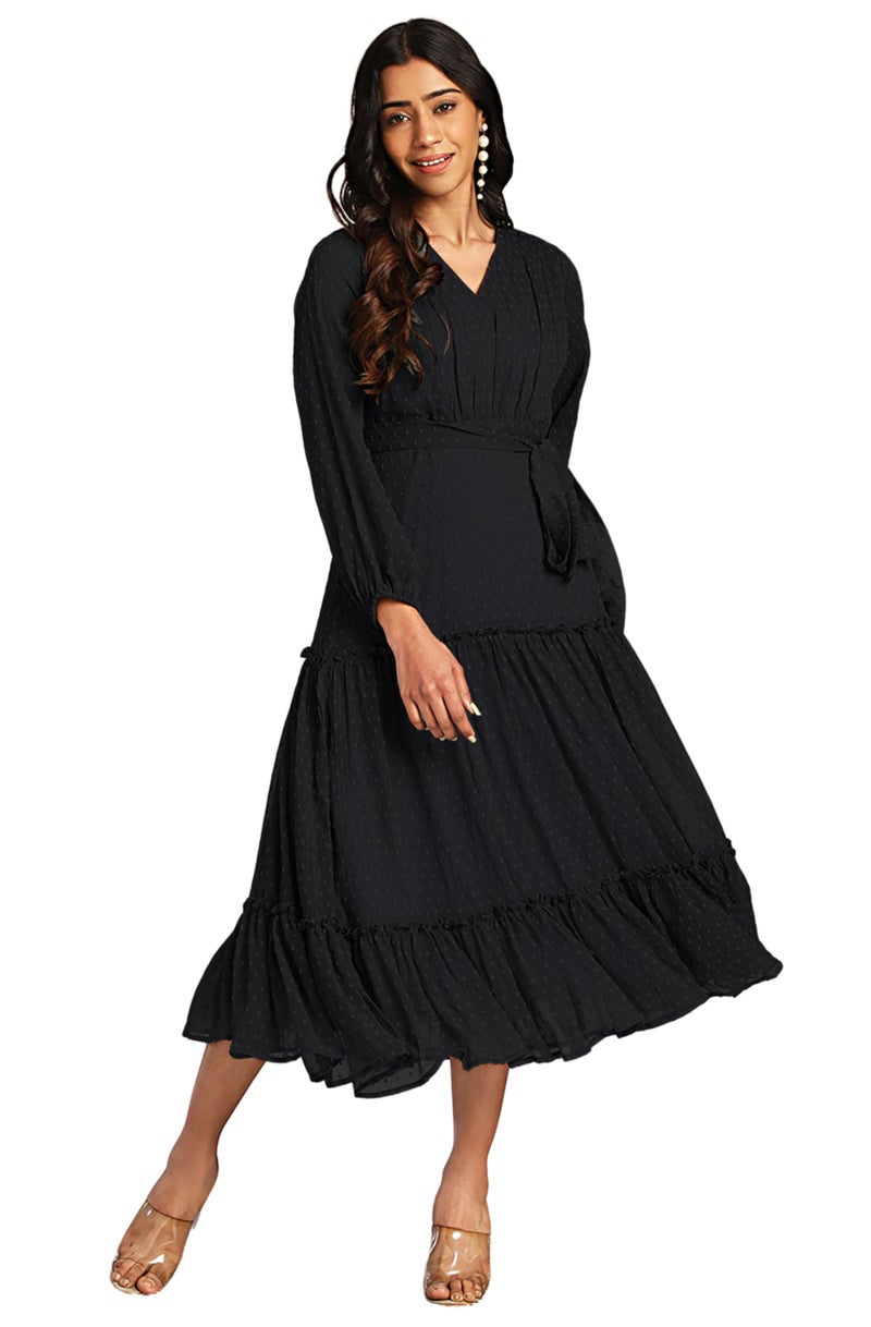 Janasya Women's Black Dobby Chiffon Woven Design Tiered Dress (JAC24DR01044-XS) - Image 1