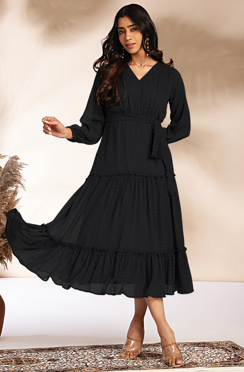 Janasya Women's Black Dobby Chiffon Woven Design Tiered Dress (JAC24DR01044-XS) - Image 2
