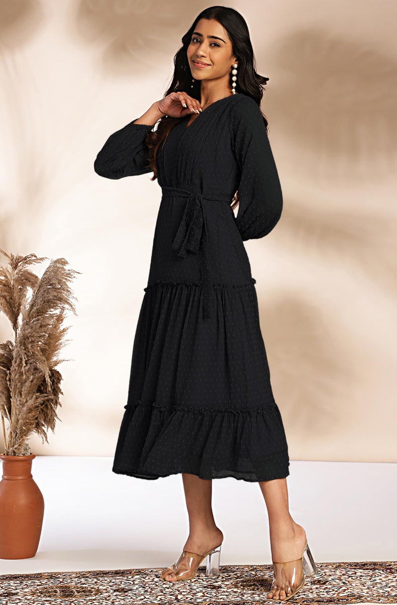 Janasya Women's Black Dobby Chiffon Woven Design Tiered Dress (JAC24DR01044-XS) - Image 5