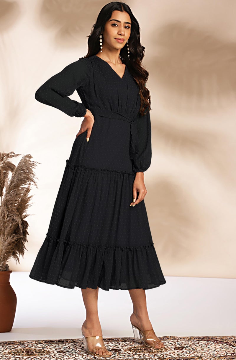 Janasya Women's Black Dobby Chiffon Woven Design Tiered Dress (JAC24DR01044-XS) - Image 4