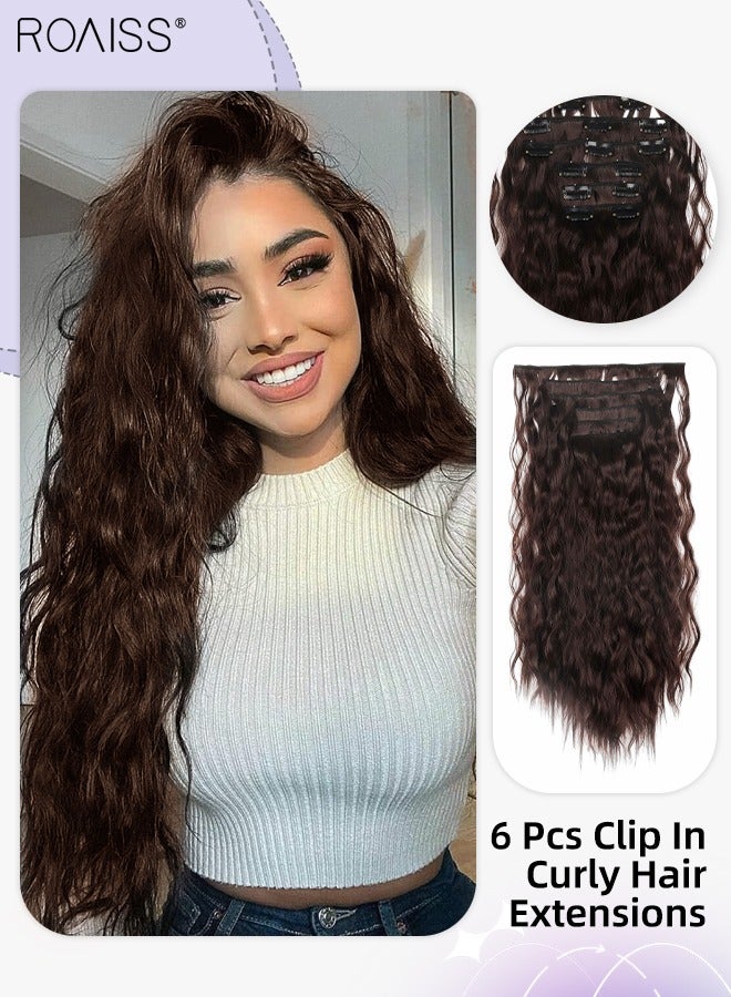 roaiss 6 Pcs Clip in Long Curly Hair Extensions, Invisible Adjustable Long Synthetic Heat Resistant Hairpieces for Women Girls, Dark Brown, 60cm (23.6 inches) - Image 1
