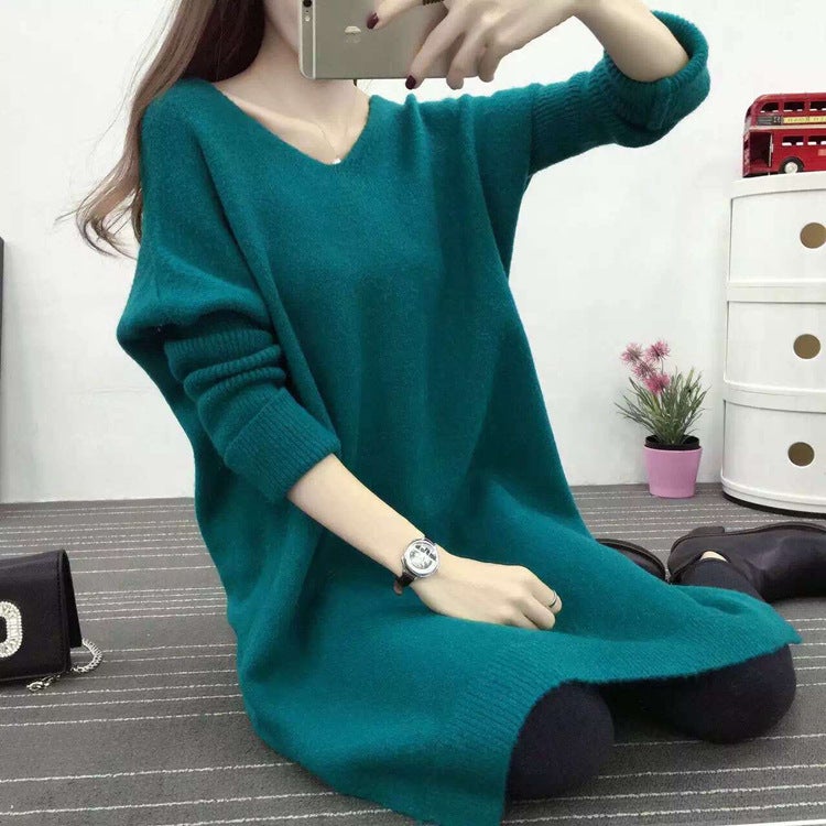 Autumn and Winter Clothes Batman Sleeve Midi Pullover Split Loose Solid Color Sweater Womens Knitwear Sweater Skirt Womens Skirt Lake Blue - Image 1