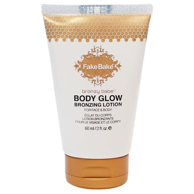 Fake Bake Bronzy Babe Body Glow Face Body Tinted Moisturizer Lotion Highlighter Makeup Moisturizing Skincare Healthy Color Boost from Plants Vitamins For All Skin Tones Women Men 2oz
