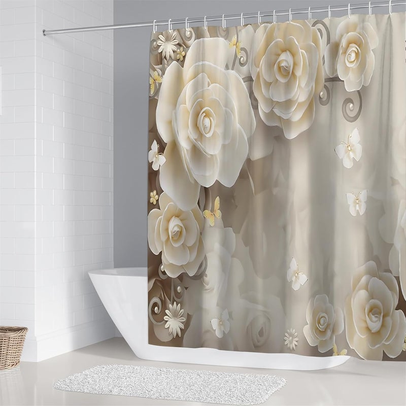 Chrainy 4Pcs White Flowers Shower Curtain Sets Elegant Blossom Floral Bathroom Accessories Set Butterfly Modern Waterproof Bathroom Decor with Rugs and 12 Hooks - Image 2