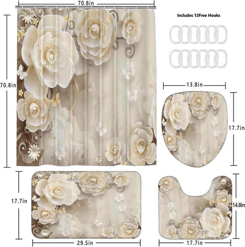 Chrainy 4Pcs White Flowers Shower Curtain Sets Elegant Blossom Floral Bathroom Accessories Set Butterfly Modern Waterproof Bathroom Decor with Rugs and 12 Hooks - Image 5