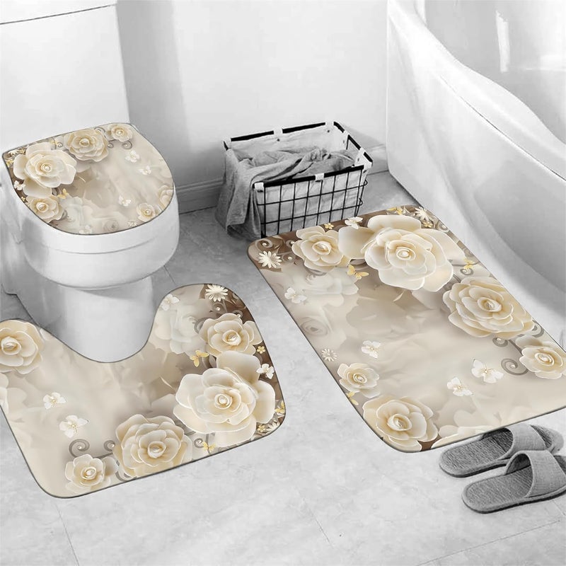 Chrainy 4Pcs White Flowers Shower Curtain Sets Elegant Blossom Floral Bathroom Accessories Set Butterfly Modern Waterproof Bathroom Decor with Rugs and 12 Hooks - Image 4