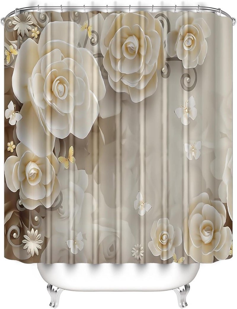 Chrainy 4Pcs White Flowers Shower Curtain Sets Elegant Blossom Floral Bathroom Accessories Set Butterfly Modern Waterproof Bathroom Decor with Rugs and 12 Hooks - Image 3