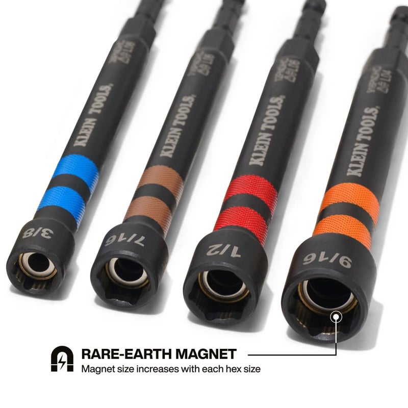 Klein Tools 32940 SAE Magnetic Hollow Impact Nut Drivers Set, 6-Piece Color Coded Hollow Power Nut Driver with Extended Reach, 6 SAE Sizes - Image 3