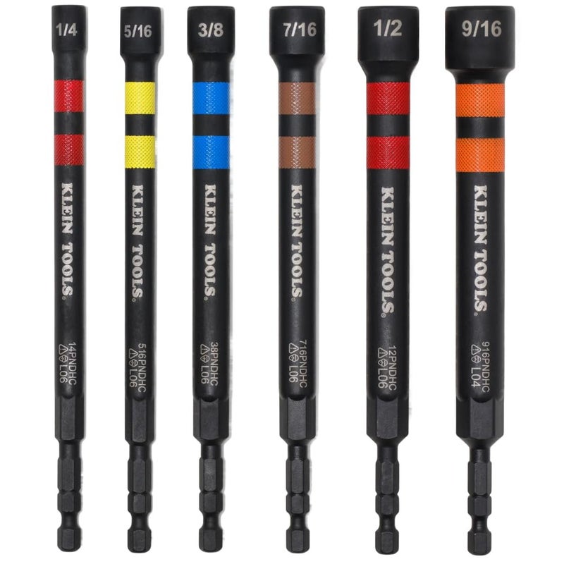 Klein Tools 32940 SAE Magnetic Hollow Impact Nut Drivers Set, 6-Piece Color Coded Hollow Power Nut Driver with Extended Reach, 6 SAE Sizes - Image 1