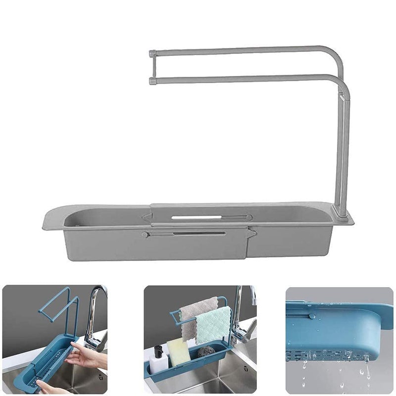 NOBILEA NOBILEA Telescopic Sink Sponge Holder Sink Storage Rack Caddy Shelf Organizer Scrubber Tray Drain Basket Plastic Dispenser Expandable Adjustable 2in1 Hanger with Towel Bar for Home Multi - Image 3