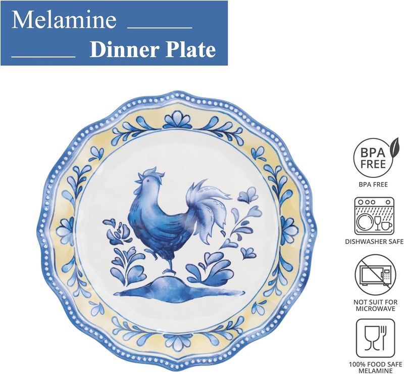 UP طقم أطباق عشاء ميلامين على شكل زهور من UPware مع حواف مزخرفة للطبق الرئيسي والمعكرونة والسلطة خالية من BPA وآمنة في غسالة الصحون زرقاء 10.5 بوصة مجموعة من 6 - Image 2