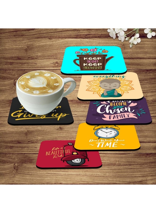 Artvibes Printed MDF Wooden Coasters for Home and Kitchen | Dining Table Decor | Square Coasters | Kitchen Decorative Items | Table Decoration | Home Decor (Set of 6 | 4x4 Inch)(Quotes) TC_2013