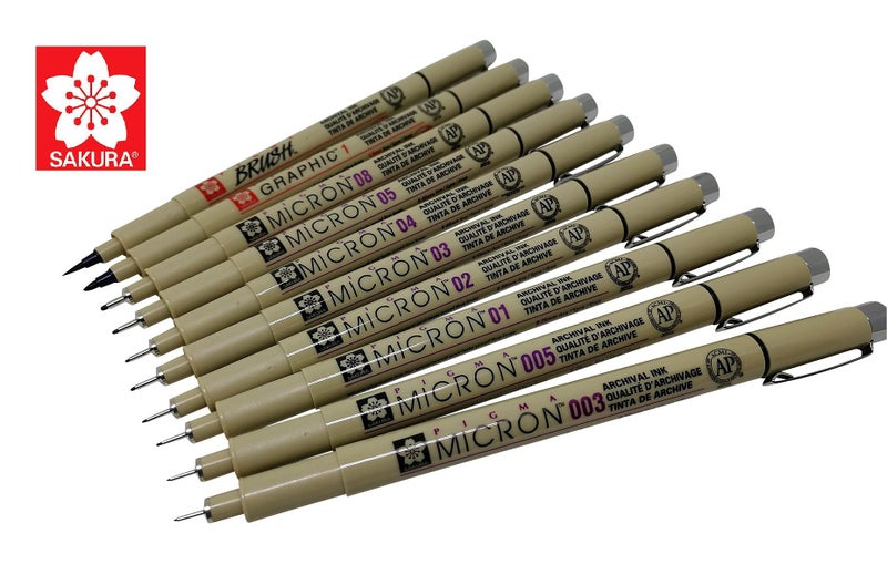 Sakura Pigma Micron 10 Fineliner pens Black Archival Ink Artist Drawing Sketch pens (003, 005, 01, 02, 03, 04, 05, 08), Graphic 1 & Brush Pen Set - Image 3