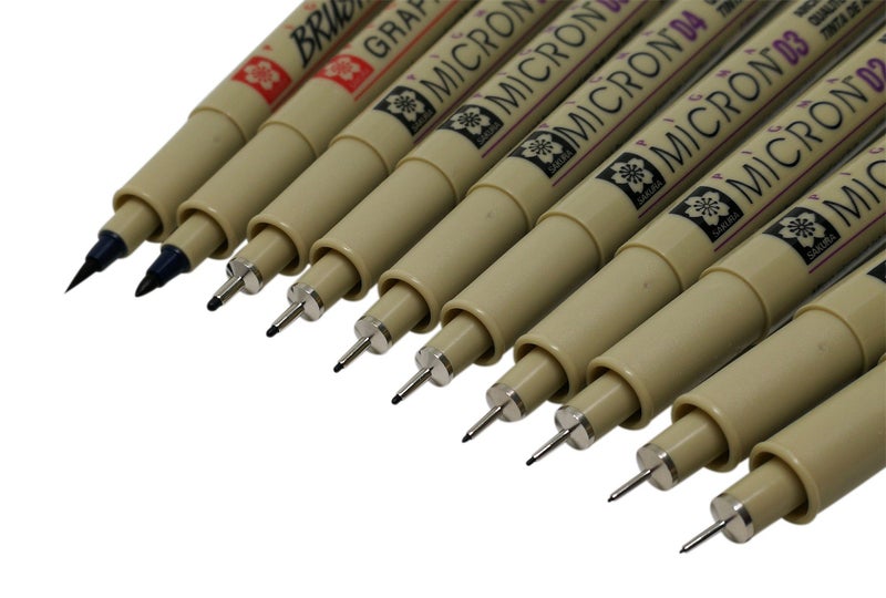 Sakura Pigma Micron 10 Fineliner pens Black Archival Ink Artist Drawing Sketch pens (003, 005, 01, 02, 03, 04, 05, 08), Graphic 1 & Brush Pen Set - Image 2