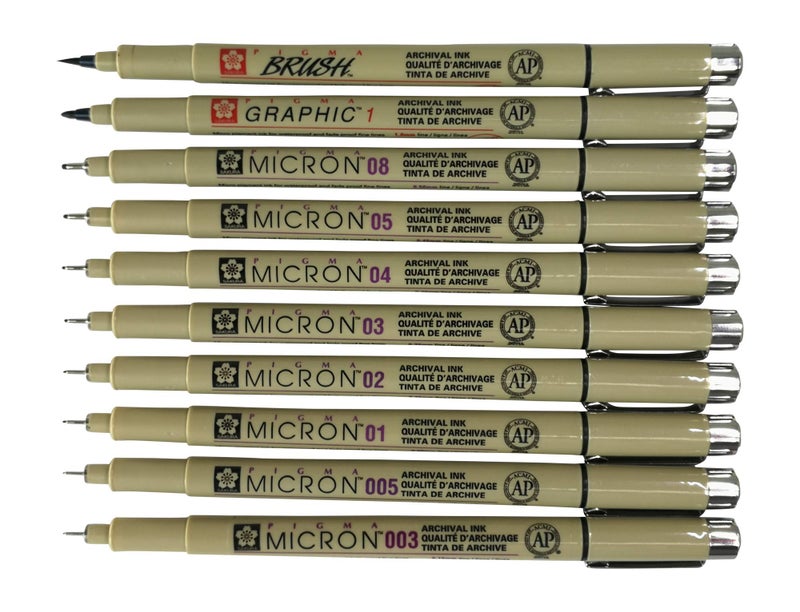 Sakura Pigma Micron 10 Fineliner pens Black Archival Ink Artist Drawing Sketch pens (003, 005, 01, 02, 03, 04, 05, 08), Graphic 1 & Brush Pen Set - Image 1