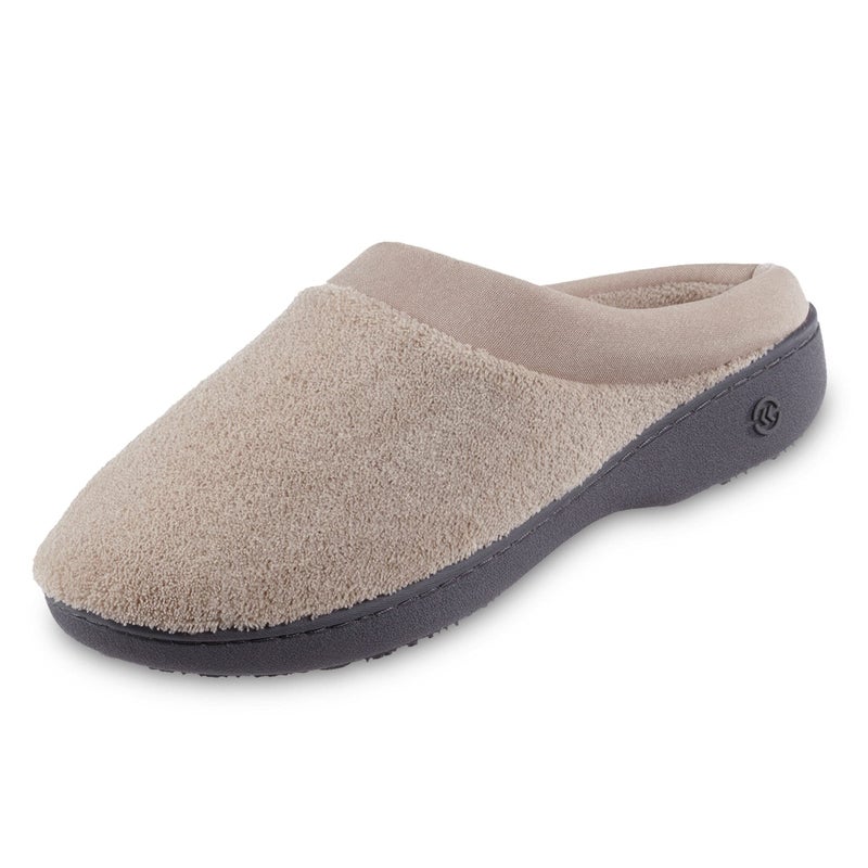 isotoner Women's Indoor/Outdoor Slip-on Terry and Satin Clog Slippers with Memory Foam Comfort , Stone, 8.5-9 - Image 1