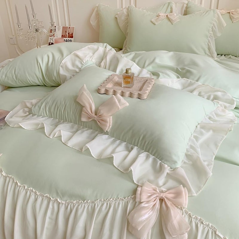 SOUKECHY Ruffled Bedding Bow Duvet Cover Set with Butterfly Tie, Soft Brushed Microfiber Shabby Chic Bedding Set with Zipper Closure-Green,Twin Size - Image 3