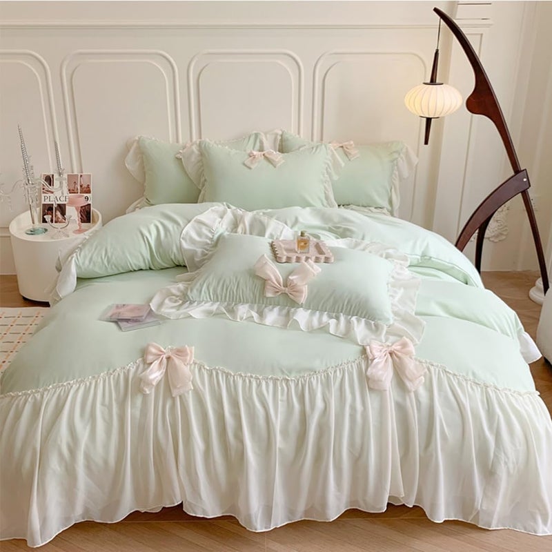 SOUKECHY Ruffled Bedding Bow Duvet Cover Set with Butterfly Tie, Soft Brushed Microfiber Shabby Chic Bedding Set with Zipper Closure-Green,Twin Size - Image 1