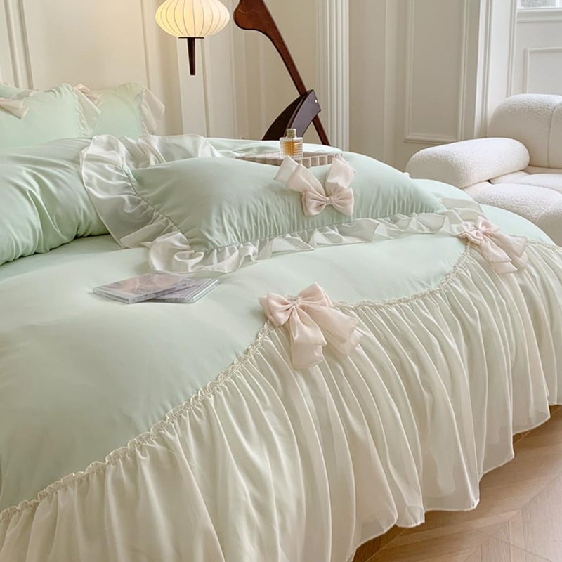 SOUKECHY Ruffled Bedding Bow Duvet Cover Set with Butterfly Tie, Soft Brushed Microfiber Shabby Chic Bedding Set with Zipper Closure-Green,Twin Size - Image 5