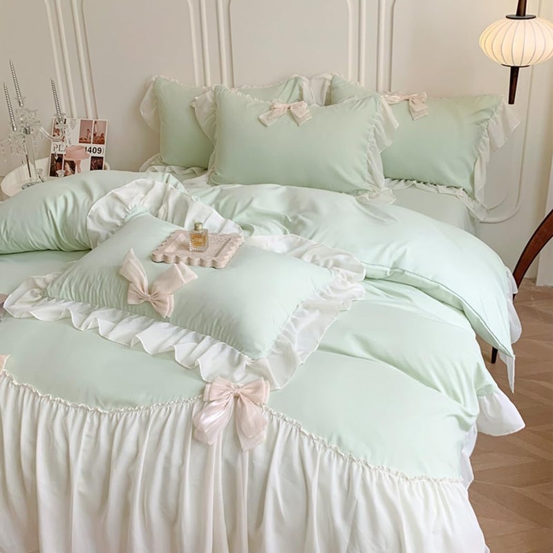 SOUKECHY Ruffled Bedding Bow Duvet Cover Set with Butterfly Tie, Soft Brushed Microfiber Shabby Chic Bedding Set with Zipper Closure-Green,Twin Size - Image 4