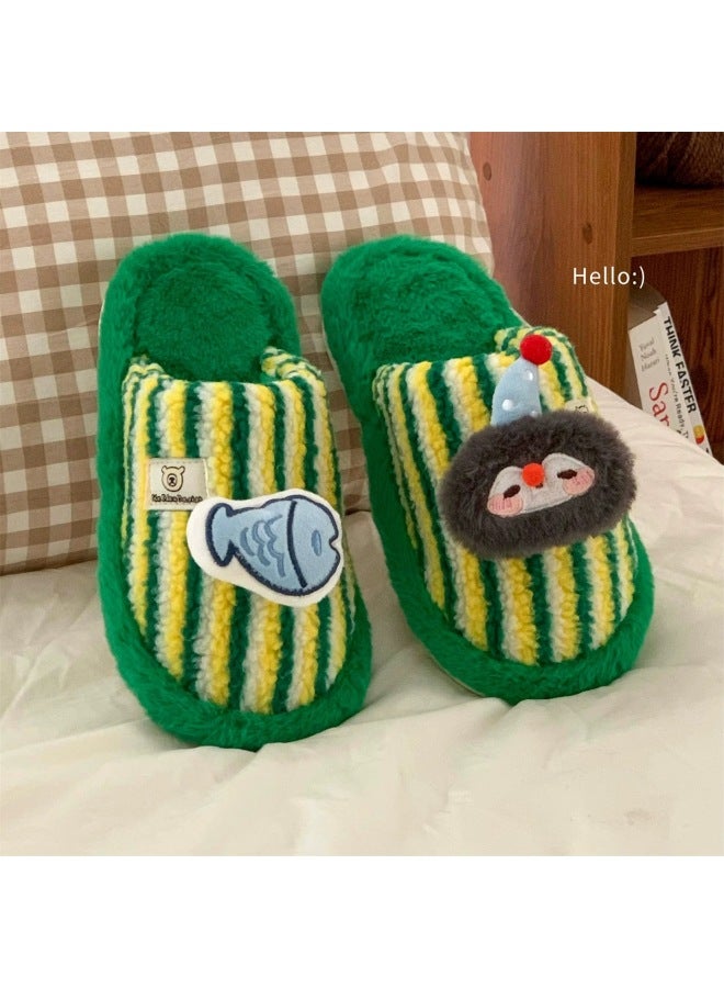 Furry Slippers For Women In Winter Fleece-lined To Heattech Home Indoor Non-slip Cute Big Eye Stripesd Color Matching Toe Cotton Slippers