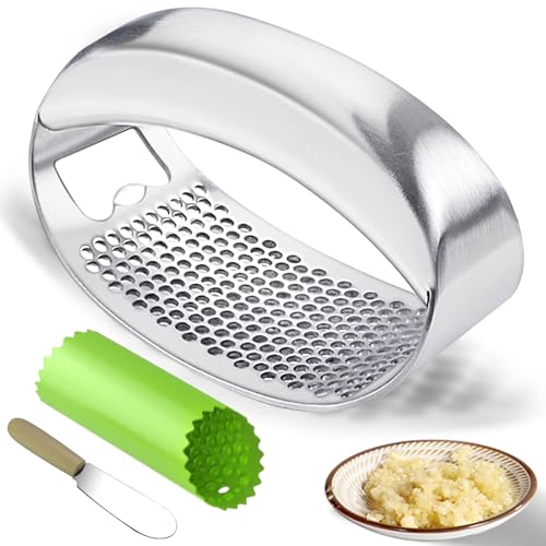 Kebley Garlic Press Rocker Heavy Duty Stainless Steel Garlic Mincer Garlic Crusher Garlic Chopper with Peeler And Scraper for Smash Garlic Built-in Bottle Opener - Image 1