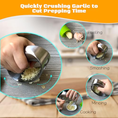 Kebley Garlic Press Rocker Heavy Duty Stainless Steel Garlic Mincer Garlic Crusher Garlic Chopper with Peeler And Scraper for Smash Garlic Built-in Bottle Opener - Image 3