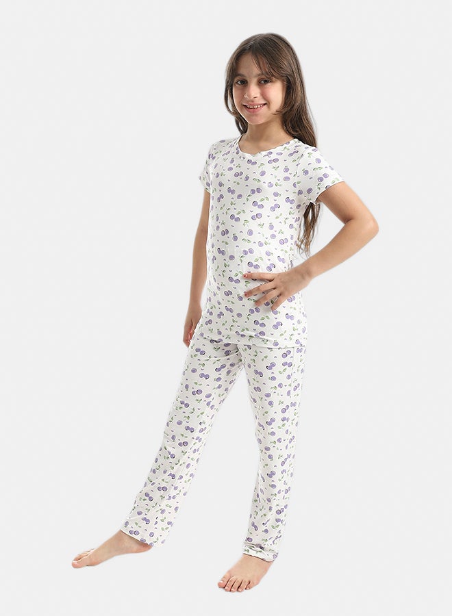 Andora Girls Shaped Sekf Patterened Half Sleeves T-Shirt And Pants Pijama Set_Purple & White - Image 3