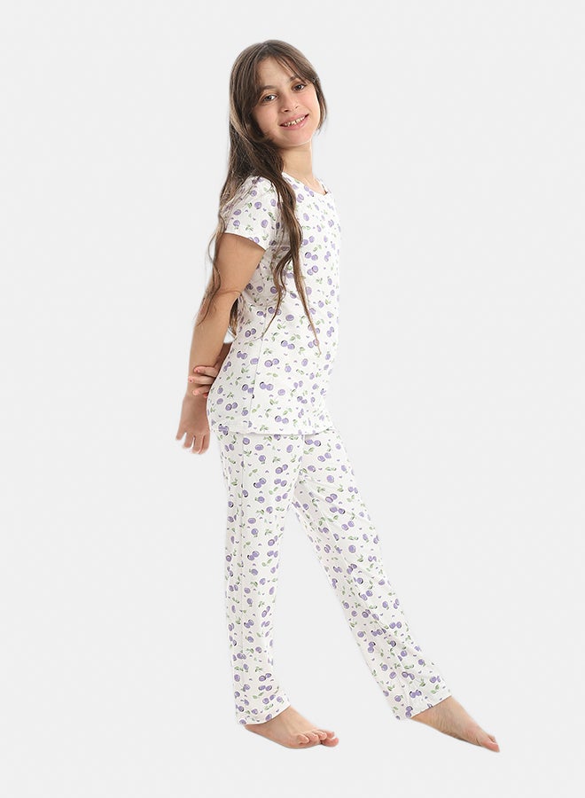 Andora Girls Shaped Sekf Patterened Half Sleeves T-Shirt And Pants Pijama Set_Purple & White - Image 2