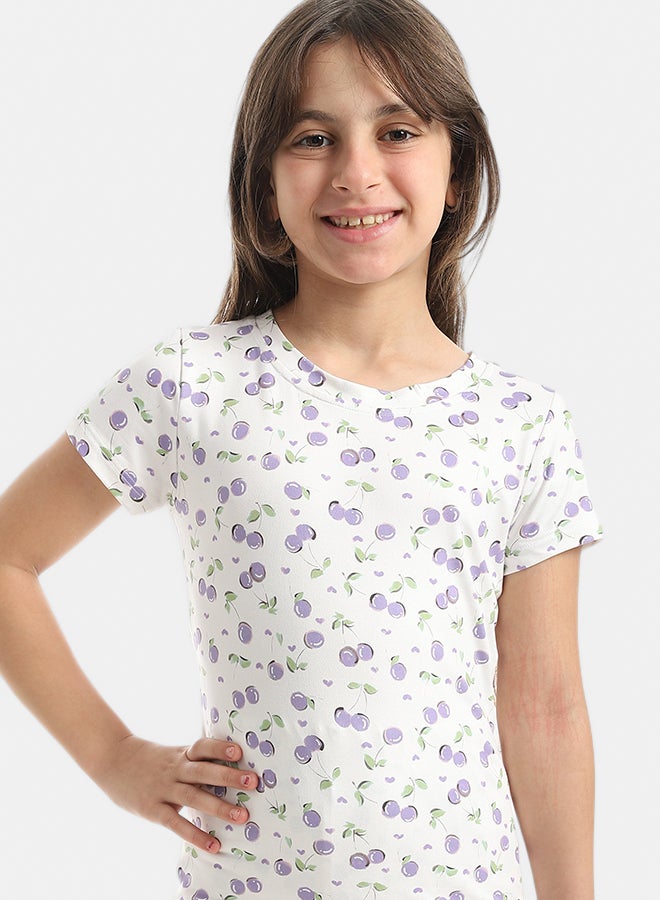 Andora Girls Shaped Sekf Patterened Half Sleeves T-Shirt And Pants Pijama Set_Purple & White - Image 4