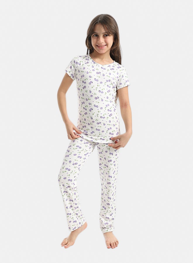 Andora Girls Shaped Sekf Patterened Half Sleeves T-Shirt And Pants Pijama Set_Purple & White - Image 1