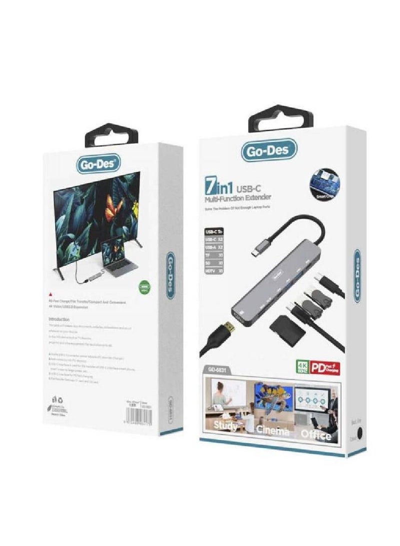 Go-Des GD-6831 USB-C Hub Adapter 7 In 1 Multifunction Extender Dock Station - Image 1