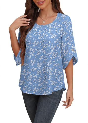 Askyes Womens Summer Tunic Tops Casual Chiffon Blouses Dressy Short Sleeve Blouse Shirts for Work,Light Blue Floral,L - Image 1