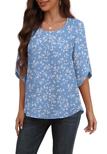 Askyes Womens Summer Tunic Tops Casual Chiffon Blouses Dressy Short Sleeve Blouse Shirts for Work,Light Blue Floral,L - Image 4