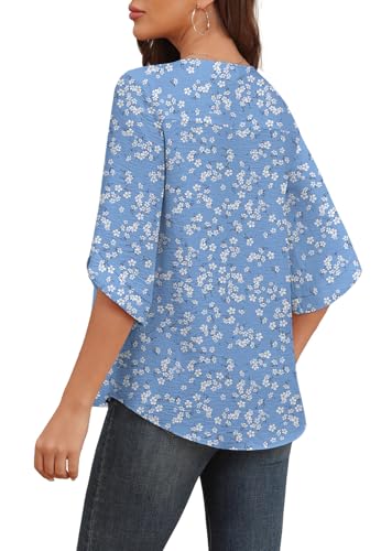 Askyes Womens Summer Tunic Tops Casual Chiffon Blouses Dressy Short Sleeve Blouse Shirts for Work,Light Blue Floral,L - Image 2
