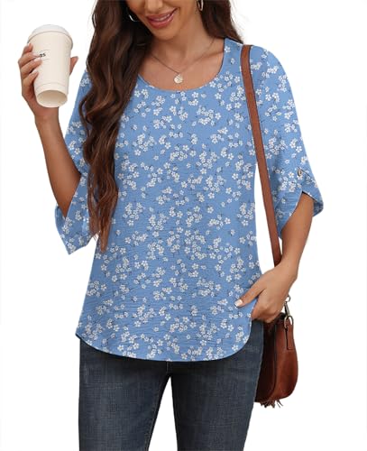 Askyes Womens Summer Tunic Tops Casual Chiffon Blouses Dressy Short Sleeve Blouse Shirts for Work,Light Blue Floral,L - Image 3