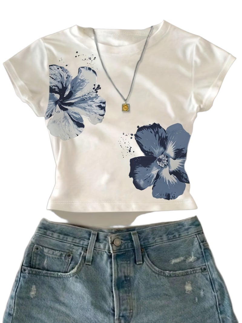 Solid Color Short Printed Short - Sleeved T - Shirt - Sea Blue / XS - Image 1