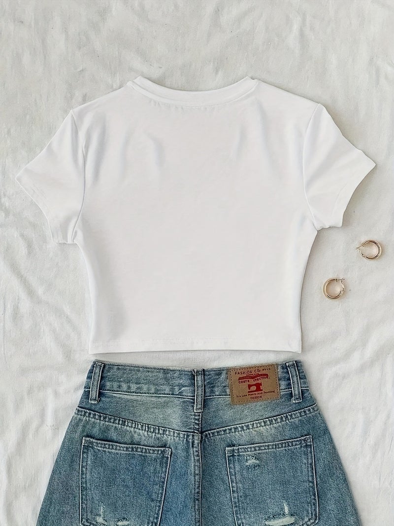 Solid Color Short Printed Short - Sleeved T - Shirt - Sea Blue / XS - Image 2