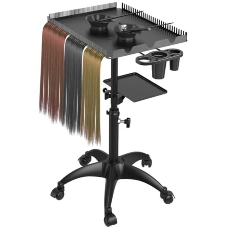 Hairstylist Rolling Cart, Salon Trolley With Storage Platform and Hair Separator Stand, Coloring Tray With Dye Bowls and Tools, Black - Image 1