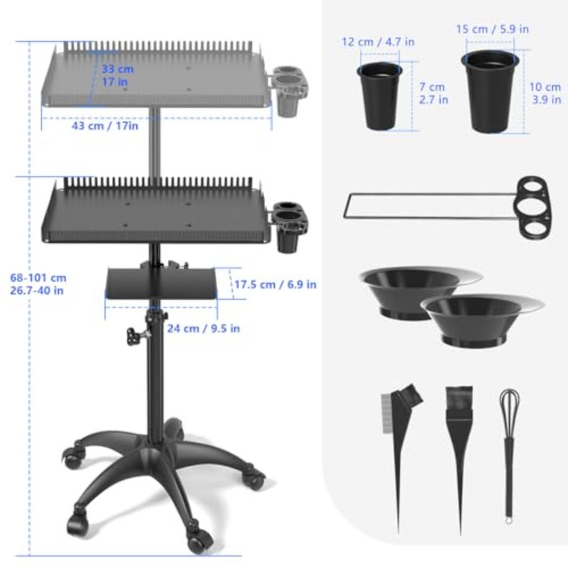 Hairstylist Rolling Cart, Salon Trolley With Storage Platform and Hair Separator Stand, Coloring Tray With Dye Bowls and Tools, Black - Image 2