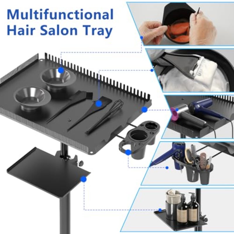 Hairstylist Rolling Cart, Salon Trolley With Storage Platform and Hair Separator Stand, Coloring Tray With Dye Bowls and Tools, Black - Image 3