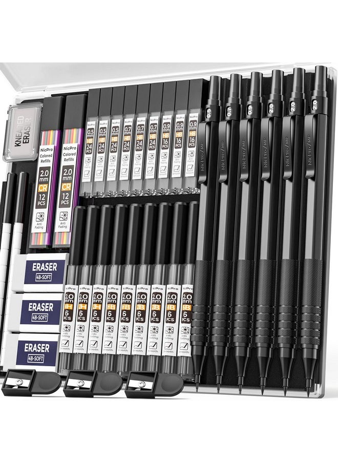 Nicpro 35Pcs Black Metal Mechanical Pencils Set In Case Art Drafting Pencil 0.5 0.7 0.9 Mm & 3Pcs 2Mm Graphite Lead Holder For Drawing Sketching With 20 Tube Lead Refills(6B 4B 2B Hb 2H 4H Colors)  - Image 1
