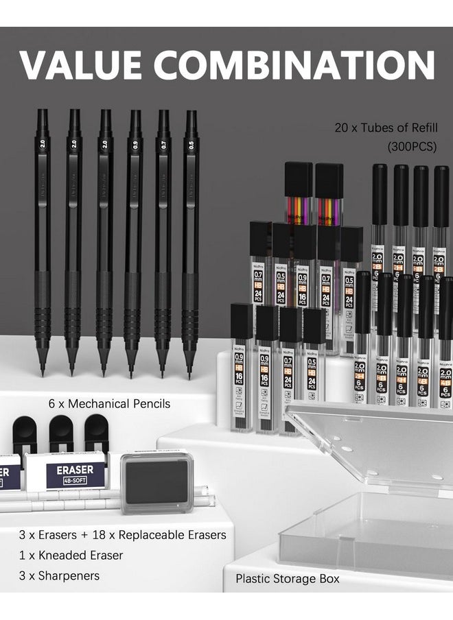 Nicpro 35Pcs Black Metal Mechanical Pencils Set In Case Art Drafting Pencil 0.5 0.7 0.9 Mm & 3Pcs 2Mm Graphite Lead Holder For Drawing Sketching With 20 Tube Lead Refills(6B 4B 2B Hb 2H 4H Colors)  - Image 2