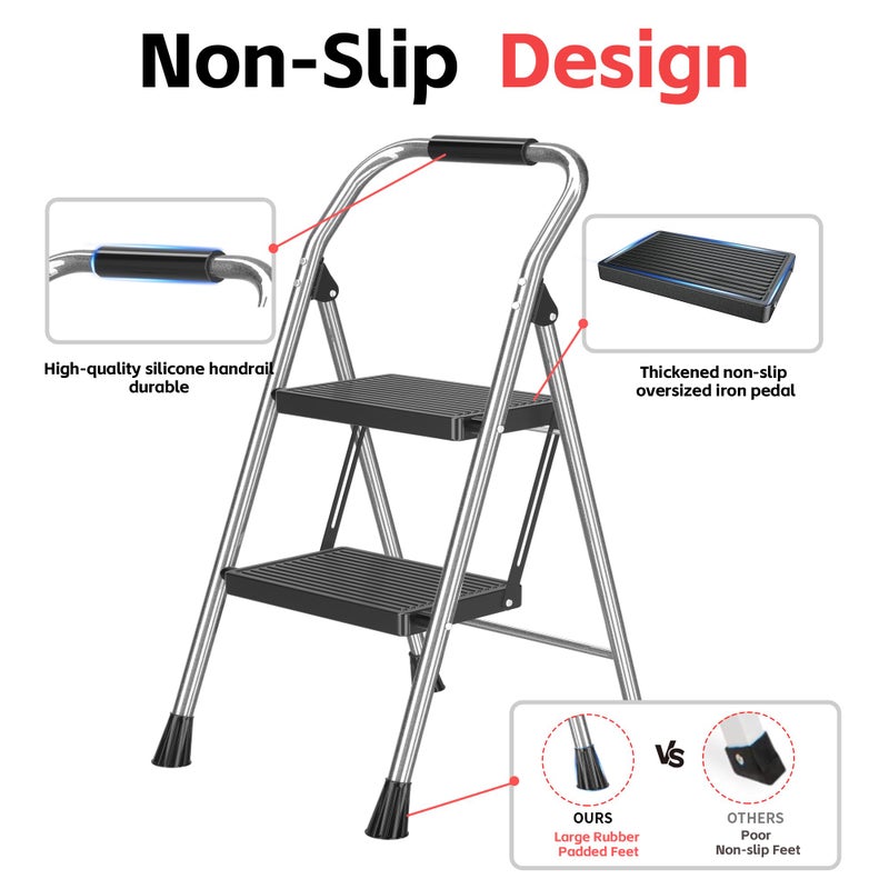 DIAMONDFORGE Step Ladder Foldable Folding Stool - for Home Adults Kitchen 2 Stepping Extension Tall Heavy Duty with Handrails - Closet Stepstool Stair Ladders Extendable Stepladder for Indoor House 600Lbs - Image 3