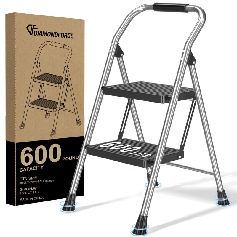 DIAMONDFORGE Step Ladder Foldable Folding Stool - for Home Adults Kitchen 2 Stepping Extension Tall Heavy Duty with Handrails - Closet Stepstool Stair Ladders Extendable Stepladder for Indoor House 600Lbs - Image 1