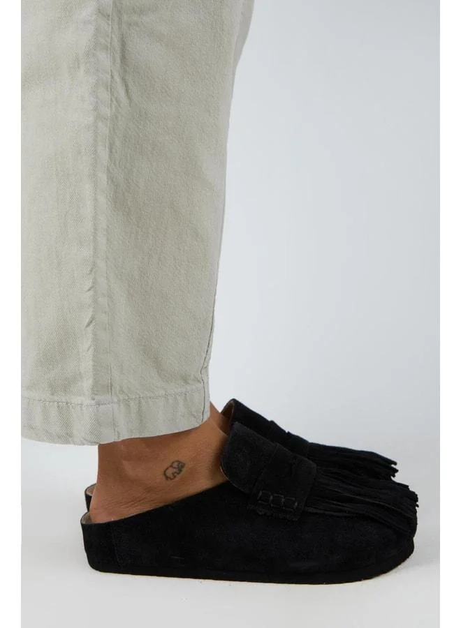 Madora Women's Genuine Leather Tassel Sabo Black Slippers.