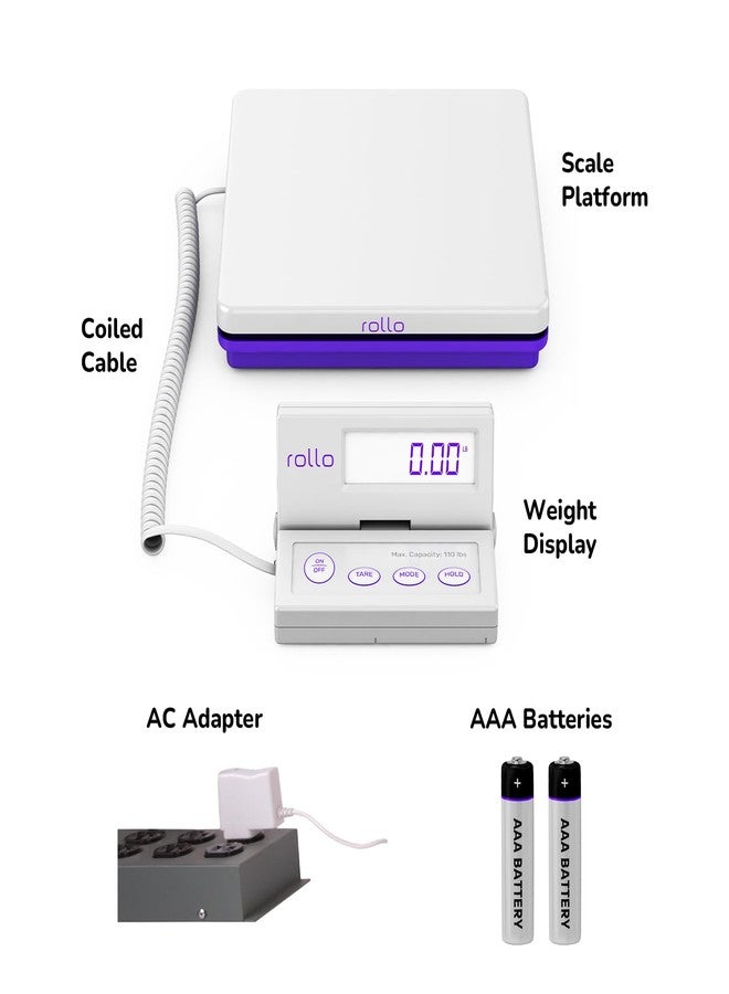 Rollo Shipping Scale for Packages - Digital Shipping Postal Scale (110 Lb Max) - Hold and Tare Functions - Includes AC Adapter and 2X AAA Batteries - Image 2